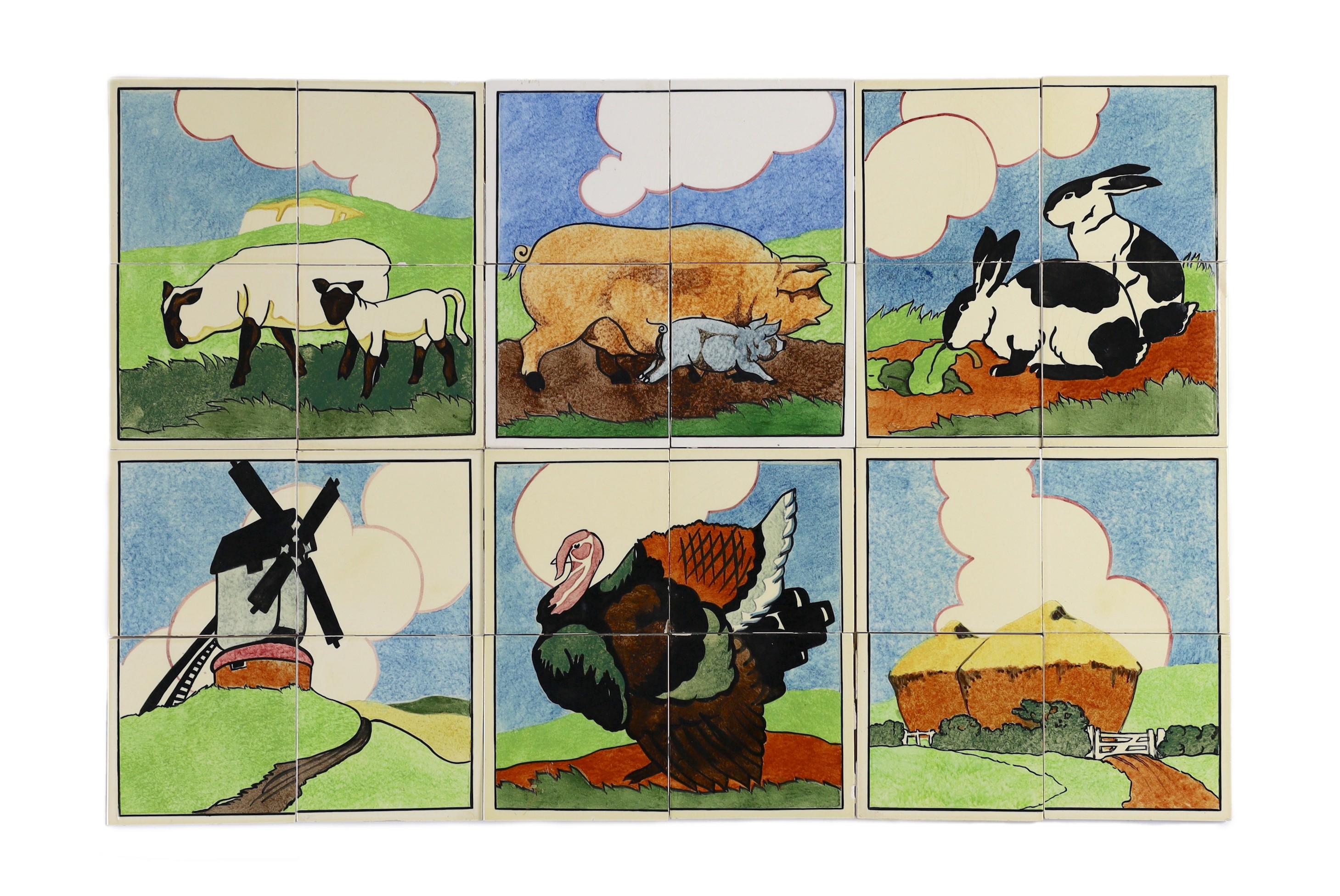 E.E. Strickland for Carter & Co, Poole pottery, six sets of four tile panels of animals and farm scenes, each tile 15.2cm (6in.) square and each set of four tiles 61cm square, minor faults